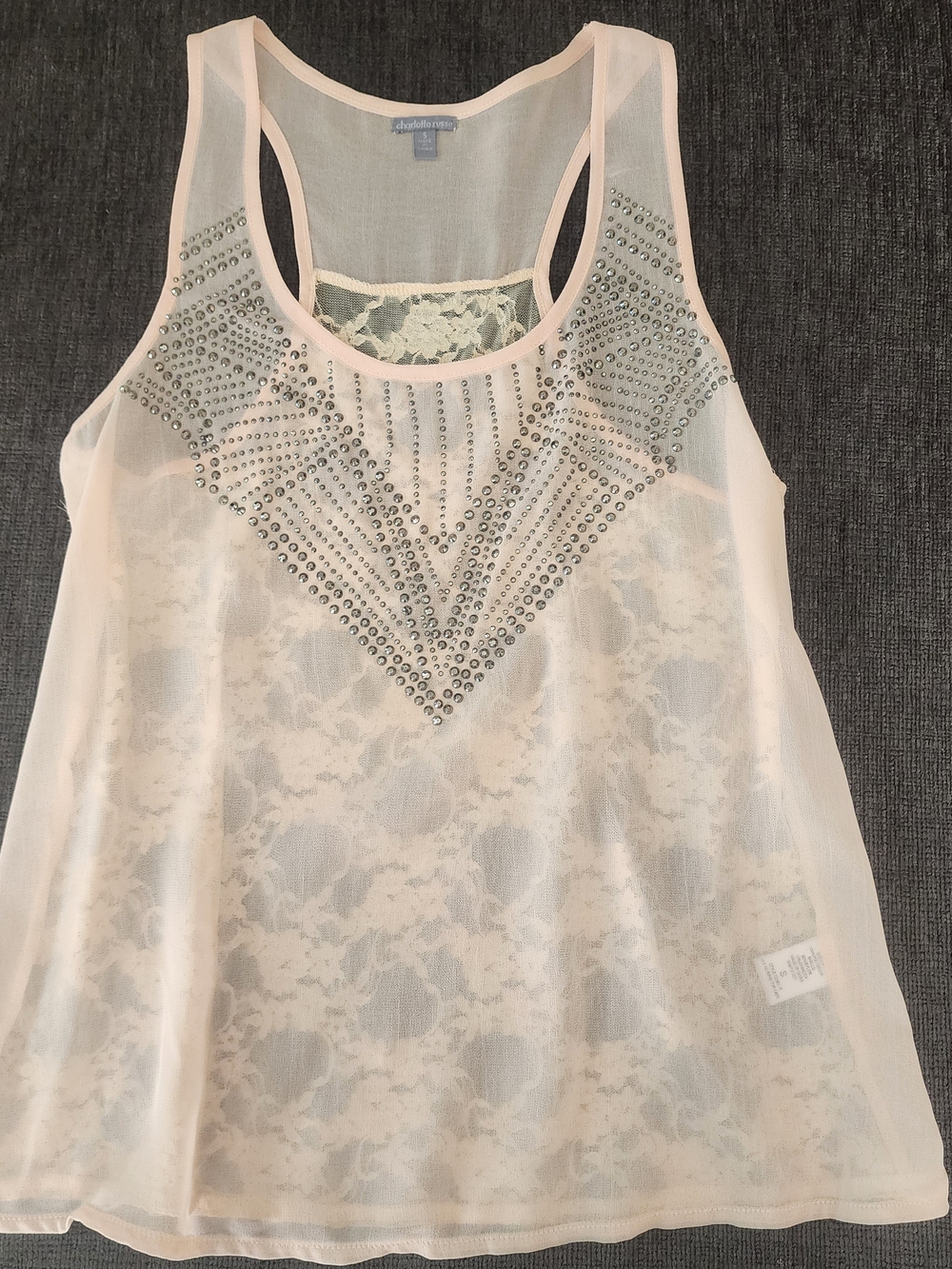 Y2K Charlotte Russe Sheer Lace-Back Studded Tank Top, Pale Pink/Cream Sz S